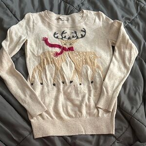 LOFT Cream Sweater with Red Scarf Reindeer Design